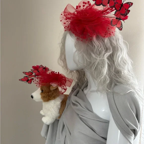Red Holiday Fascinator Set For Owner and Pet by Crown and Collars.
